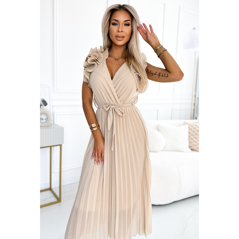  549-1 MIRABELLA Pleated chiffon midi dress with a neckline and delicate ruffles - beige  2