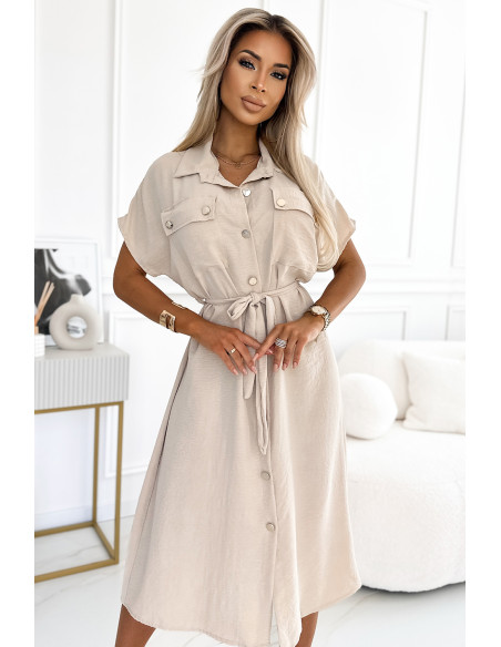  550-1 Midi shirtdress with gold buttons, ties and short sleeves - beige 