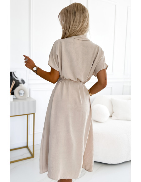  550-1 Midi shirtdress with gold buttons, ties and short sleeves - beige 
