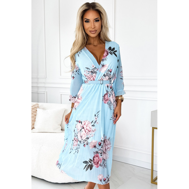  448-3 YUNA Pleated midi dress with a neckline and a belt - roses on a blue background 