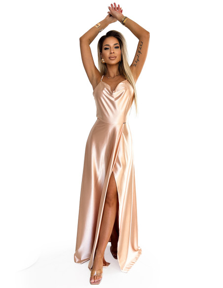  547-1 PERLA satin long dress with an exclusive neckline on the back - gold 