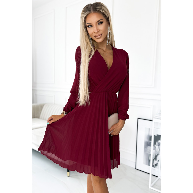 313-15 ISABELLE Pleated dress with neckline and long sleeve - Burgundy color  2