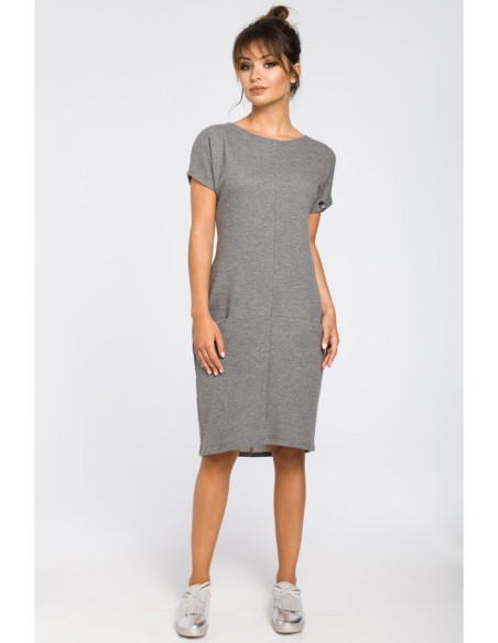 B050 Laisva midi suknelė su kišenėmis - pilka