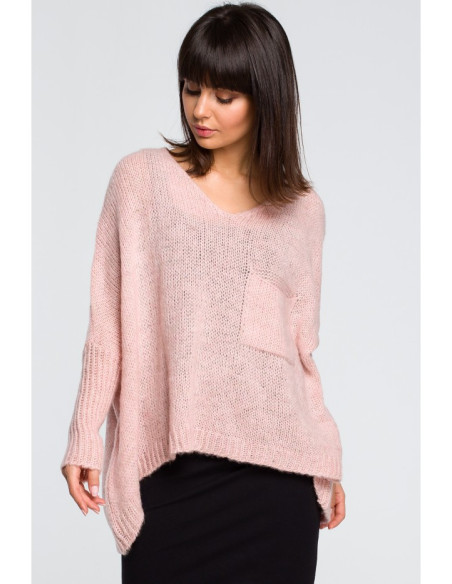 BK018 Laisvas megztinis su kišenėmis - rožinis