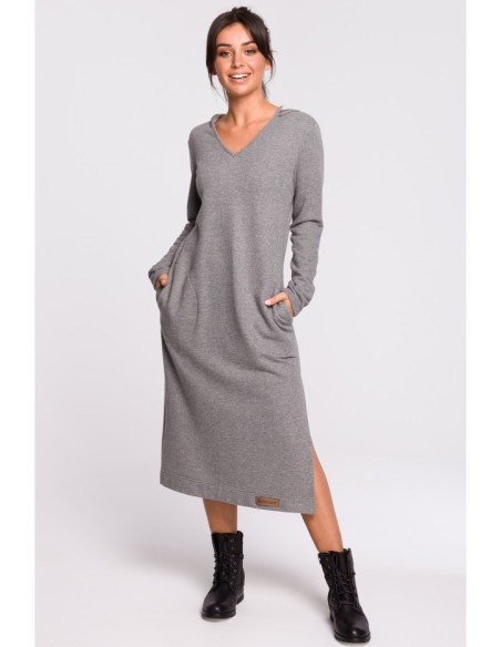 B128 Maxi suknelė su gobtuvu - pilka