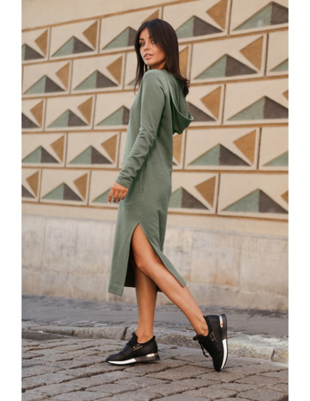 B128 Maxi suknelė su gobtuvu - chaki spalvos