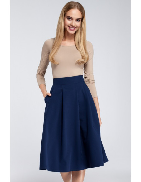 M302 Midi sijonas su klostėmis ir kišenėmis - tamsiai mėlynas