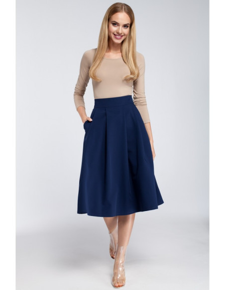 M302 Midi sijonas su klostėmis ir kišenėmis - tamsiai mėlynas