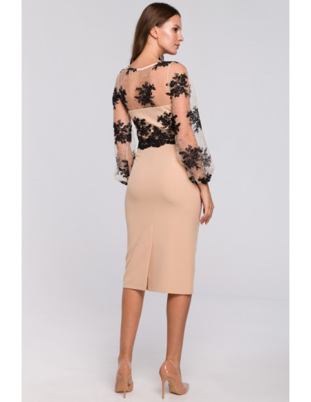 K013 Pieštuko formos suknelė su nėriniuota viršutine dalimi - smėlio spalvos