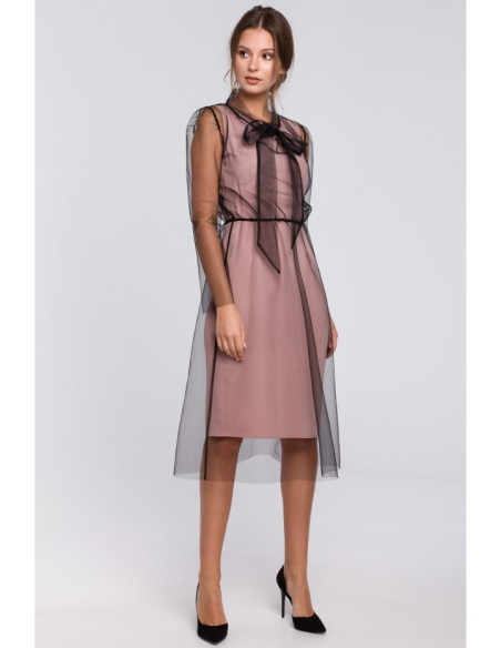 K039 Tiulio suknelė su kaklo raiščiu - pudros mėlyna