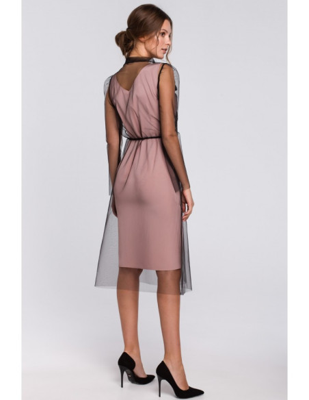 K039 Tiulio suknelė su kaklo raiščiu - pudros mėlyna