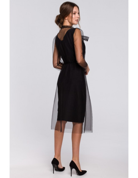 K039 Tiulio suknelė su kaklo raišteliu - juoda