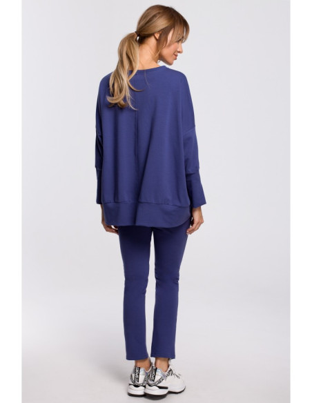 M491 Džemperis su šoninėmis prapjovomis ir apvadais - indigo spalvos