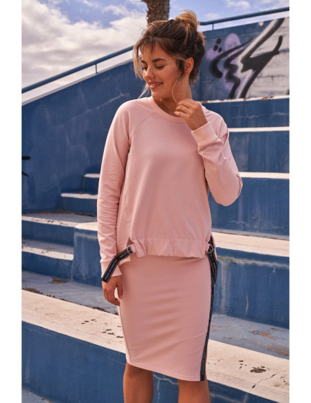 M494 Sijonas su prakirpimu ir apvadais - saldainių rožinės spalvos