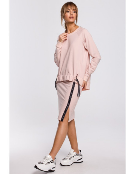 M494 Sijonas su prakirpimu ir apvadais - saldainių rožinės spalvos