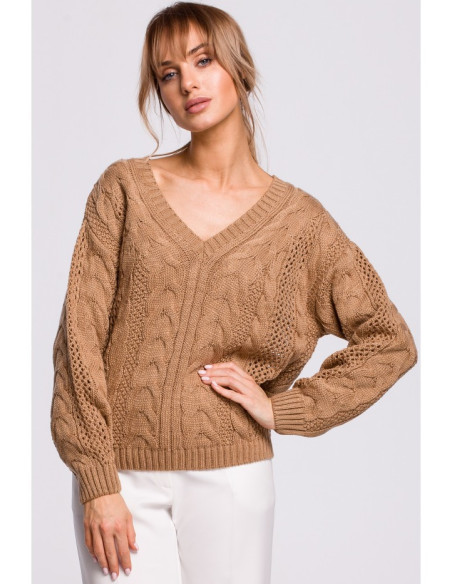 M510 Ažūrinis džemperis su V formos iškirpte - smėlio spalvos
