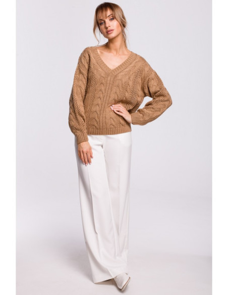 M510 Ažūrinis džemperis su V formos iškirpte - smėlio spalvos