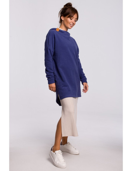 B176 Asimetriškas džemperis su gobtuvu - indigo spalvos