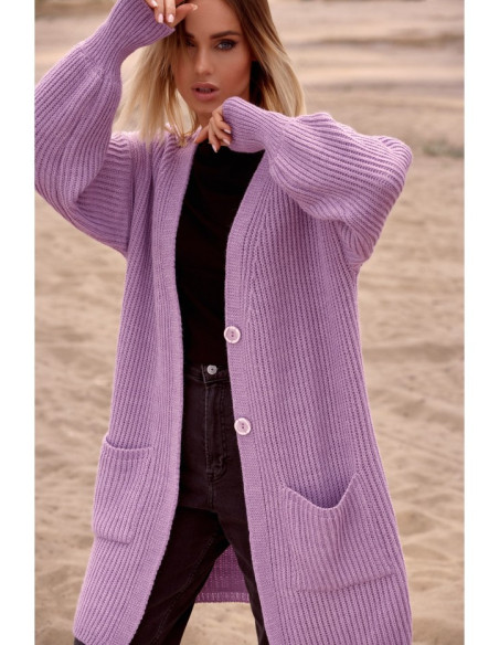 M538 Dryžuotas megztinis su kišenėmis - levandų spalvos