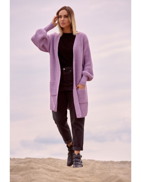 M538 Dryžuotas megztinis su kišenėmis - levandų spalvos