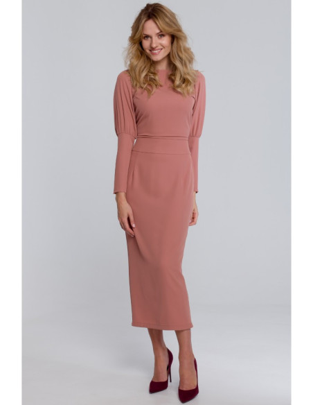 K079 Midi suknelė su aukštais rankogaliais - rožinė