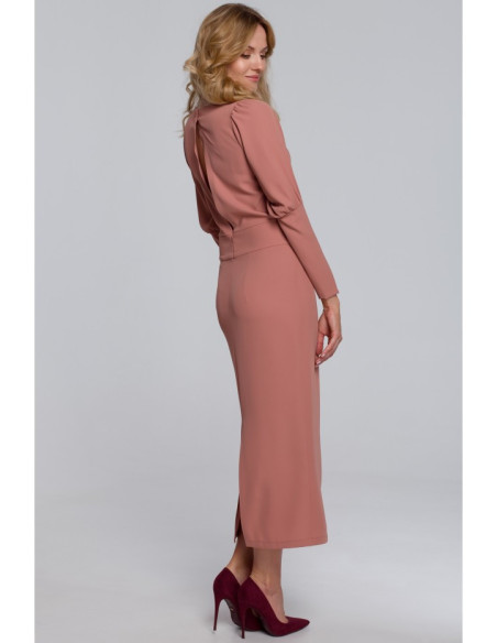 K079 Midi suknelė su aukštais rankogaliais - rožinė