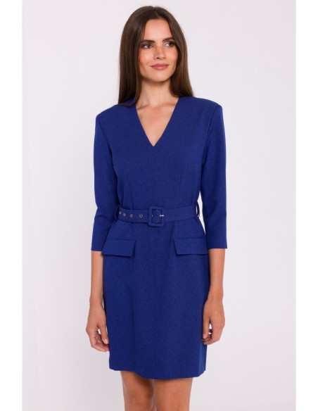 S369 Trumpa suknelė su diržu - mėlyna