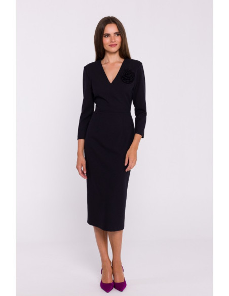 S372 Midi suknelė su gėlėmis - juoda