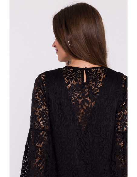 S380 Nėriniuota trapecijos formos suknelė - juoda