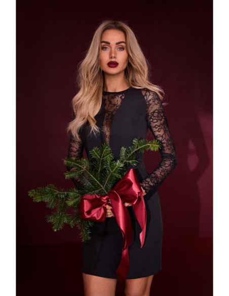 M838 Mini suknelė su nėriniuotomis rankovėmis - juoda