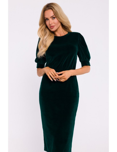 M827 Velūro suknelė trumpomis rankovėmis - žalia