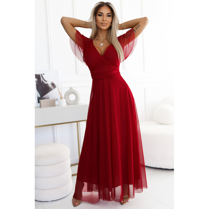  562-2 NASTIA Long dress with neckline and short sleeves - burgundy 