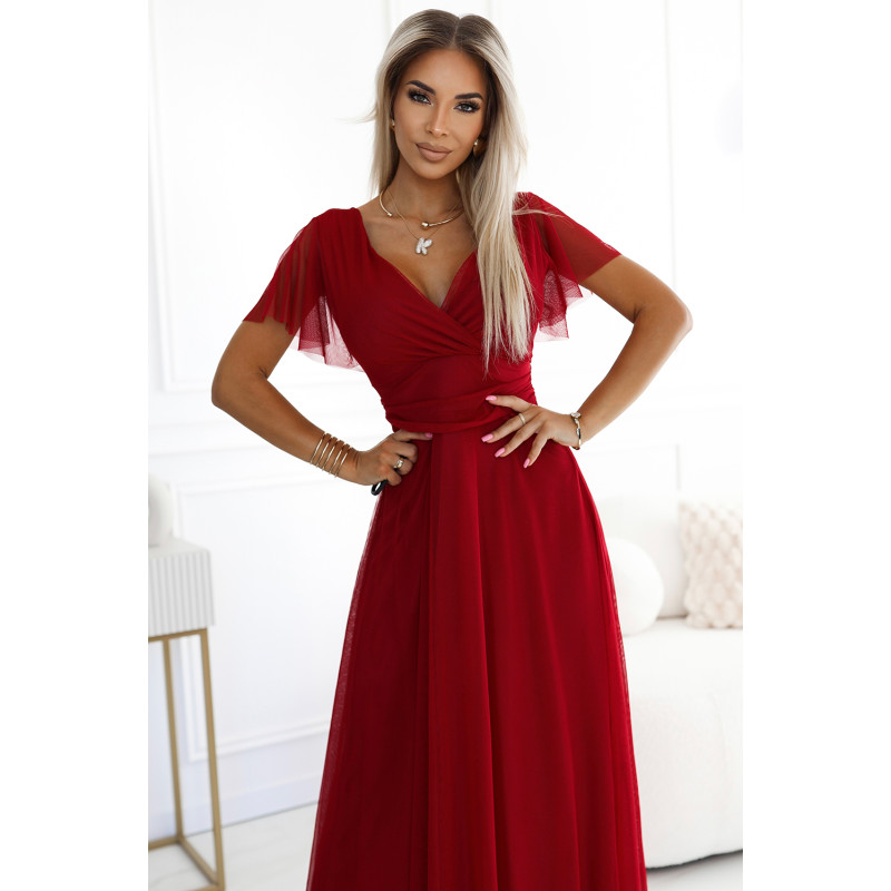  562-2 NASTIA Long dress with neckline and short sleeves - burgundy  2