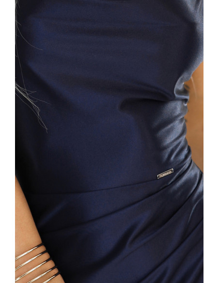  483-6 DIANE satin long dress with leg slit - navy blue color 