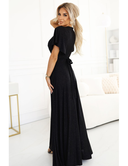  581-1 JENNIFER shiny long dress with sleeves and neckline - black with glitter 