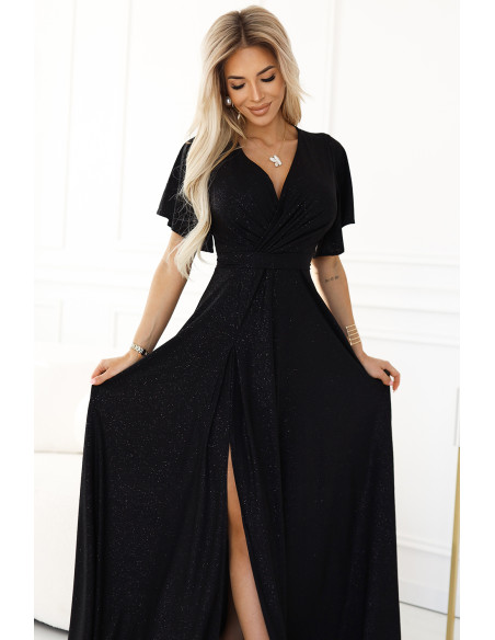  581-1 JENNIFER shiny long dress with sleeves and neckline - black with glitter 