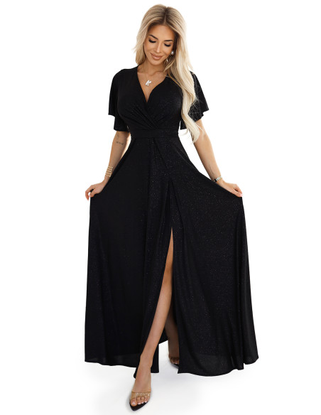  581-1 JENNIFER shiny long dress with sleeves and neckline - black with glitter 