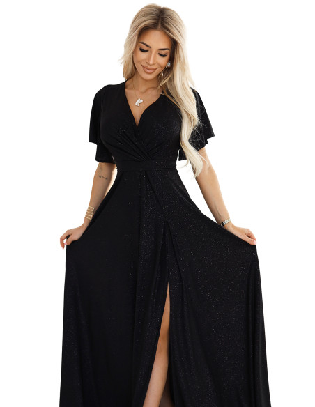  581-1 JENNIFER shiny long dress with sleeves and neckline - black with glitter 
