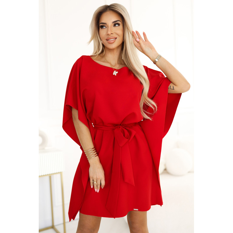  287-35 SOFIA Butterfly Dress with Waist Tie - Red 