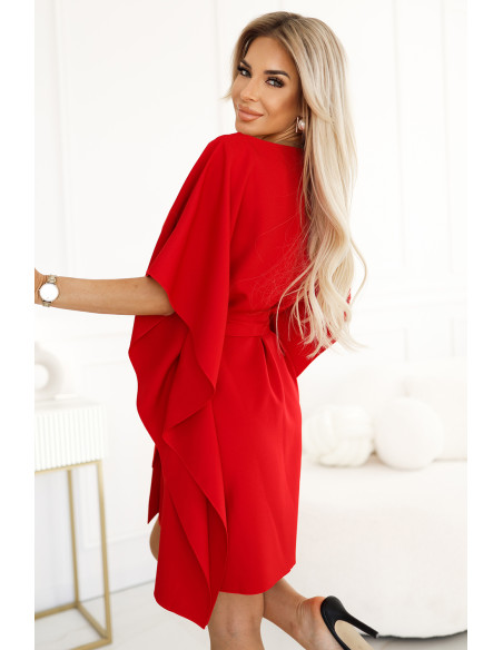  287-35 SOFIA Butterfly Dress with Waist Tie - Red 