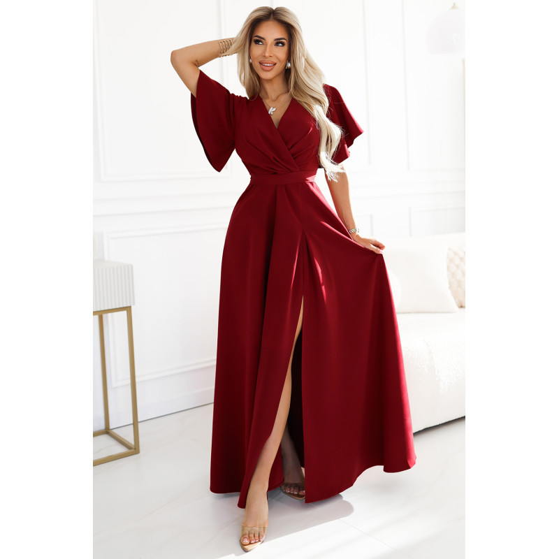  581-2 JENNIFER long dress with leg slit, sleeve and neckline - burgundy color 