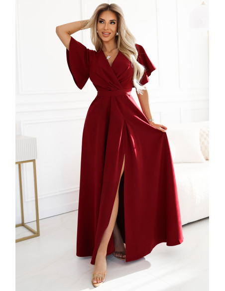  581-2 JENNIFER long dress with leg slit, sleeve and neckline - burgundy color 