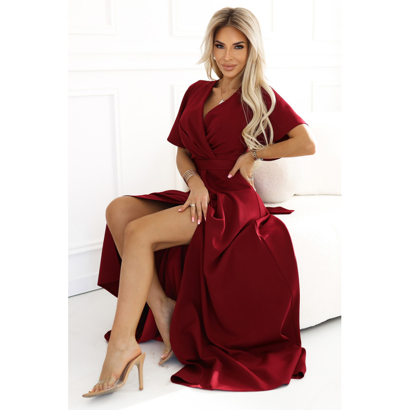581-2 JENNIFER long dress with leg slit, sleeve and neckline - burgundy color  2