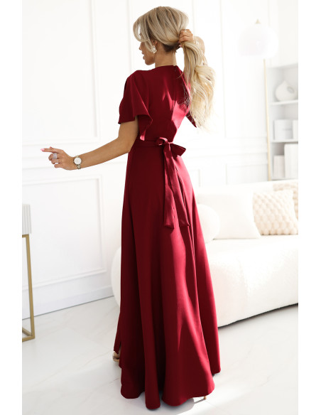  581-2 JENNIFER long dress with leg slit, sleeve and neckline - burgundy color 