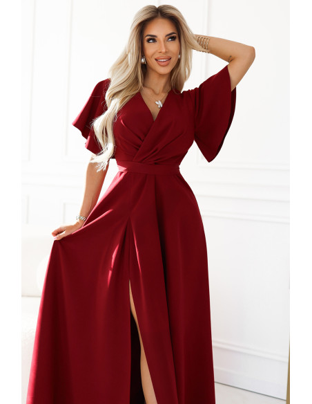  581-2 JENNIFER long dress with leg slit, sleeve and neckline - burgundy color 
