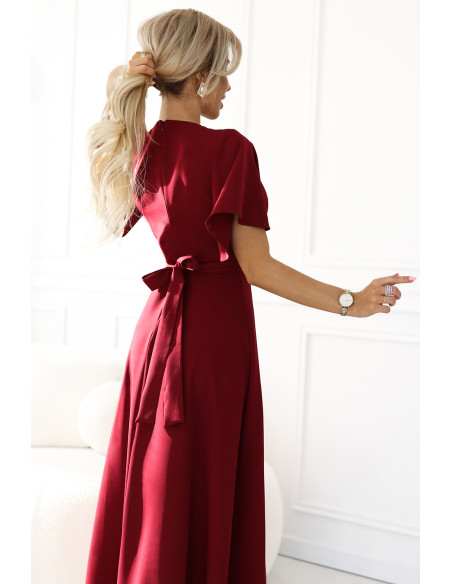  581-2 JENNIFER long dress with leg slit, sleeve and neckline - burgundy color 