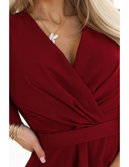  581-2 JENNIFER long dress with leg slit, sleeve and neckline - burgundy color 