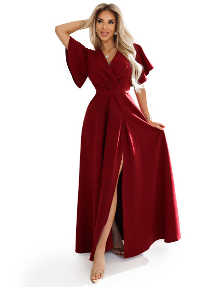 581-2 JENNIFER long dress with leg slit, sleeve and neckline - burgundy color 