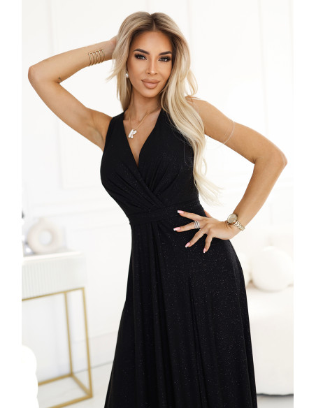  587-1 MONIQUE long exclusive dress with a neckline and a leg slit - black with glitter 