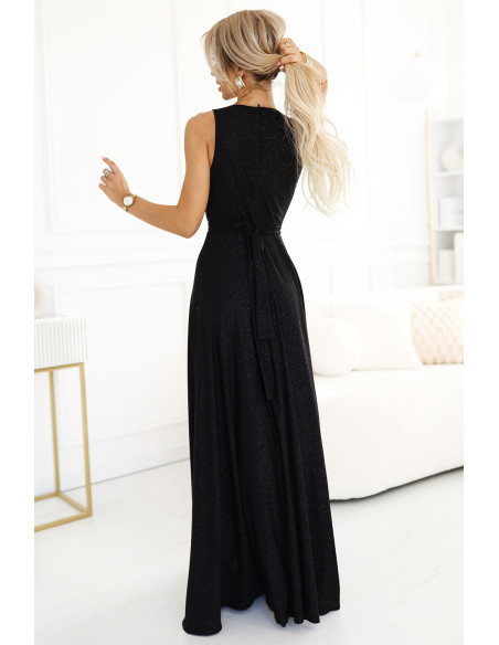  587-1 MONIQUE long exclusive dress with a neckline and a leg slit - black with glitter 